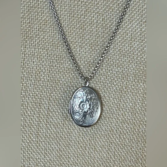Floral Locket Necklace, Sterling Silver over Stainless Steel - Picture 8 of 9